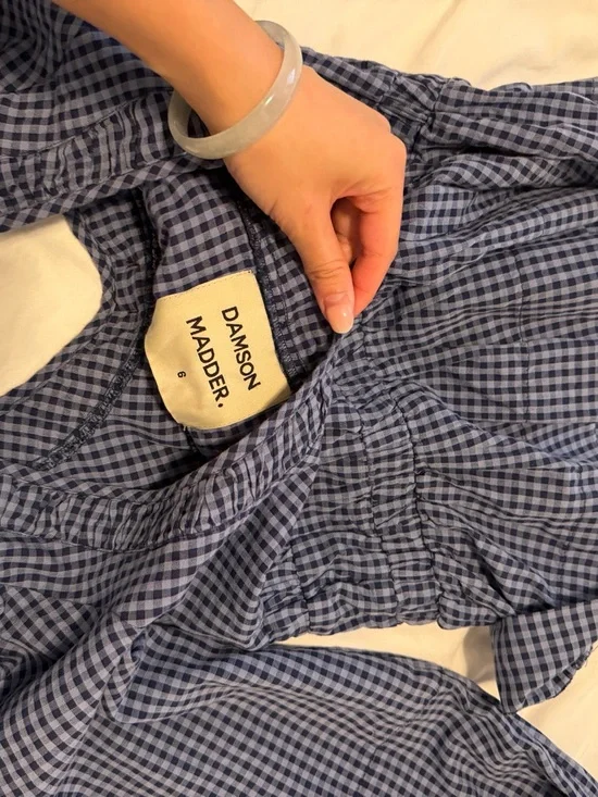 Damson Madder Dakota Top Blue Gingham Puff-Sleeve Blouse Burgundy Velvet Ties - Picture 3 of 4